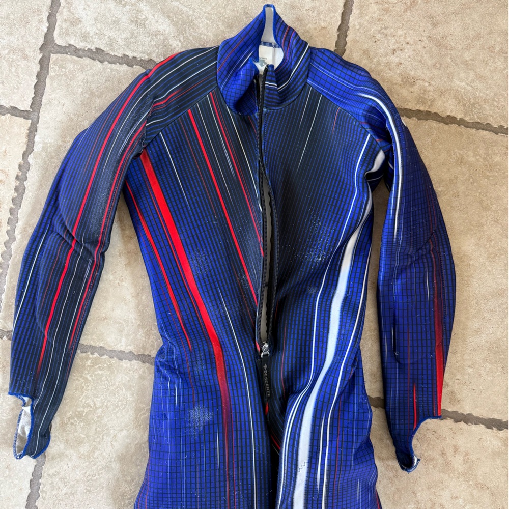Junior 150 (medium) Descente Blue Black Red Striped Ski Race Suit